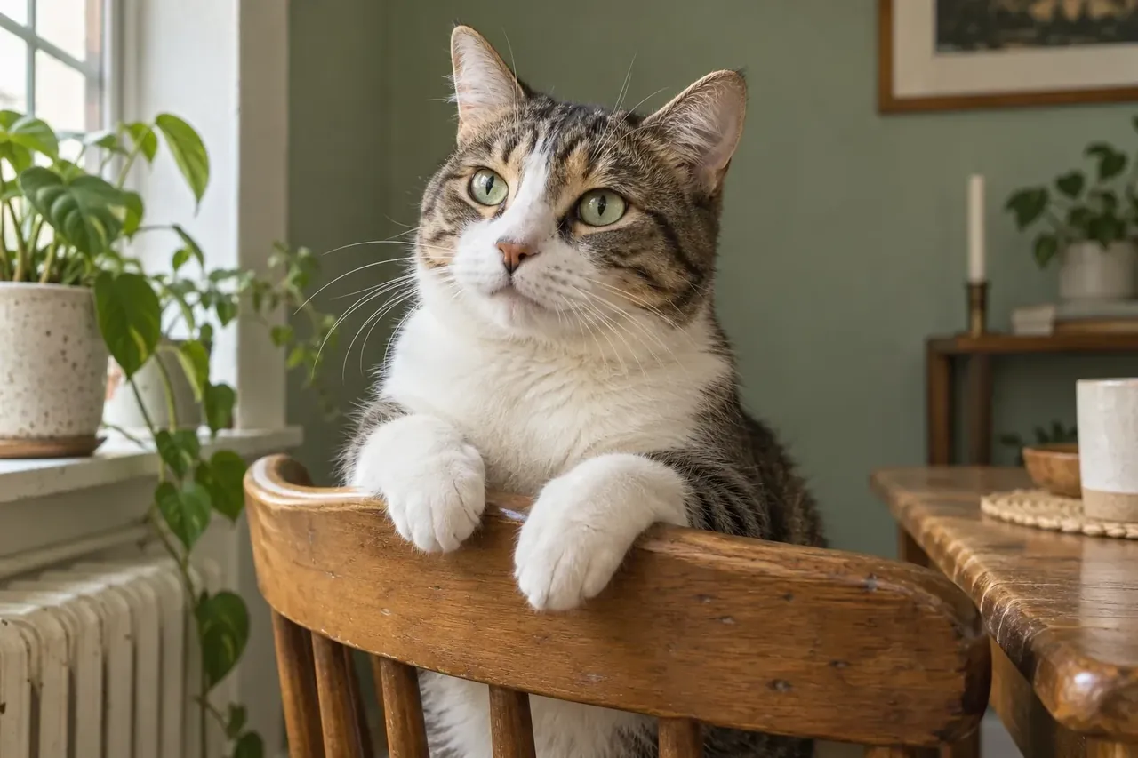 A tabby and white cat resting its paws on a wooden chair