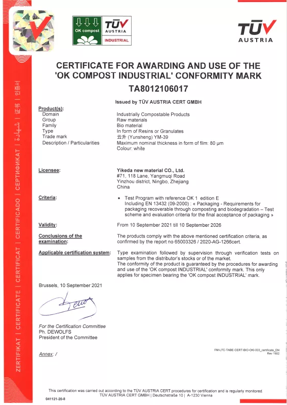 Historical TÜV Austria raw material certificate, validity ended 10 September 2026