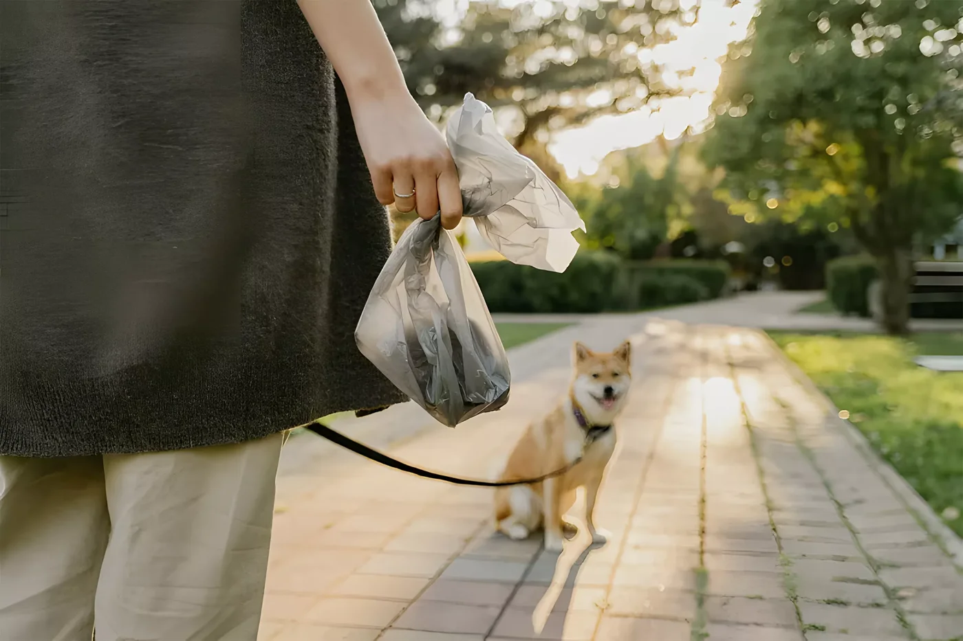 A dog and owner walking with a waste bag