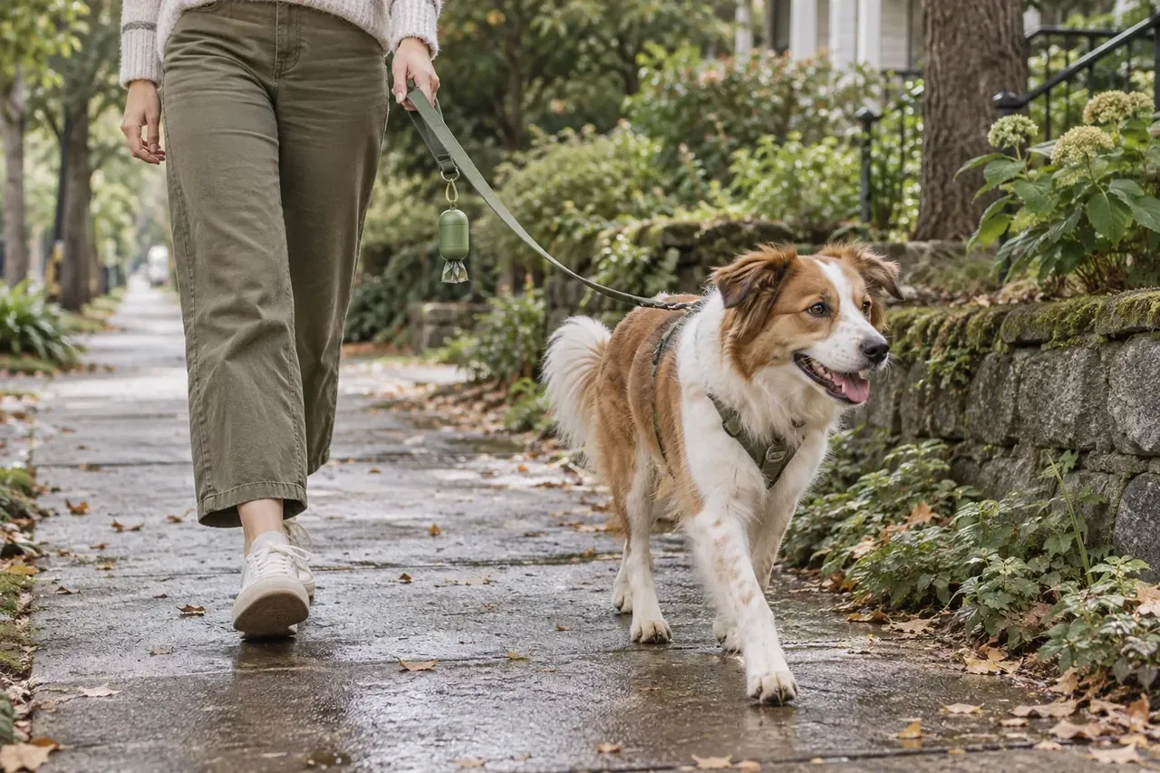 A person walking a dog with a waste bag dispenser attached to the lead