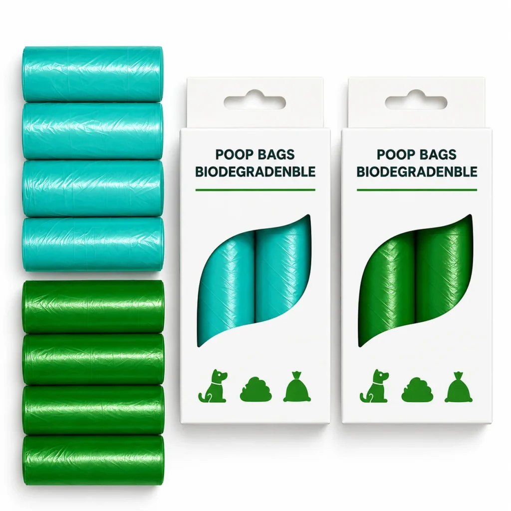 Green and teal dog poop bag refill rolls with packaging