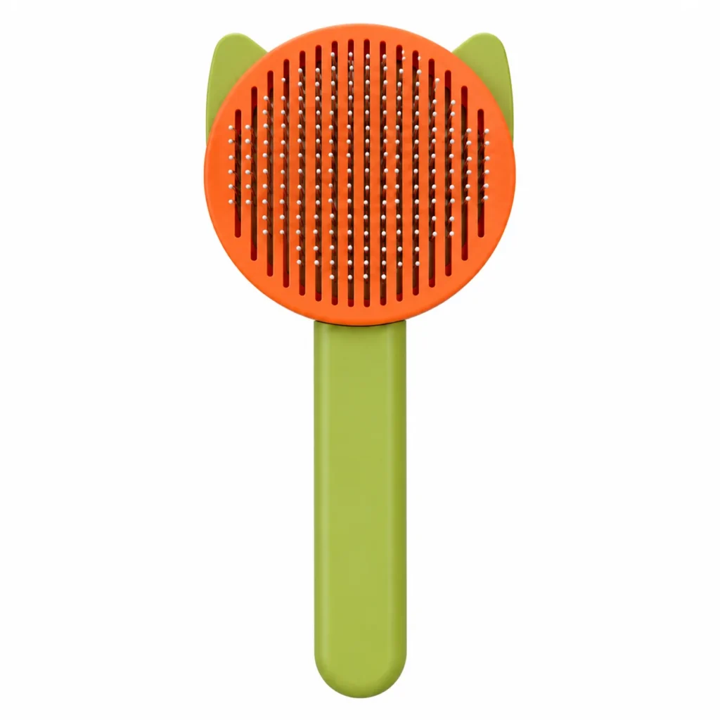 Front view of the green and orange slicker brush with rounded pin tips