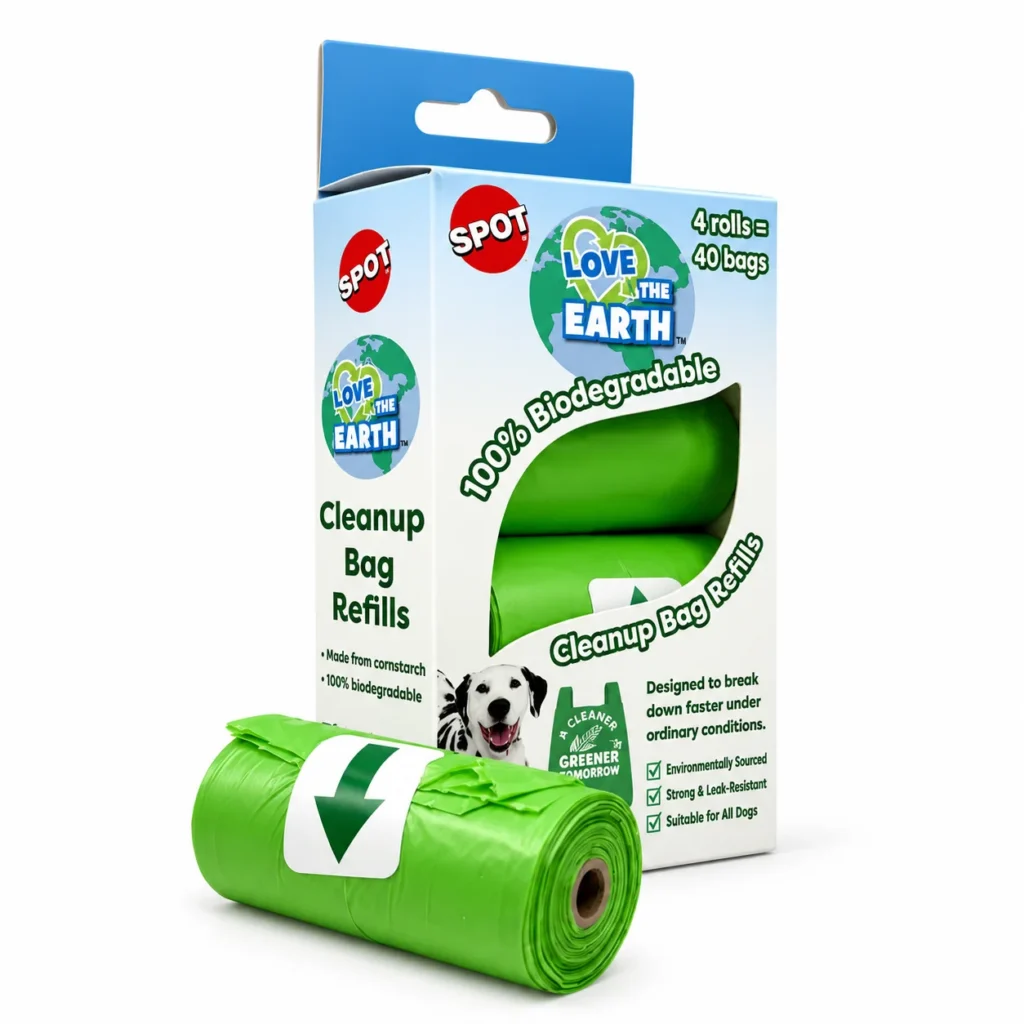 Green dog poop bag refill roll beside its retail box
