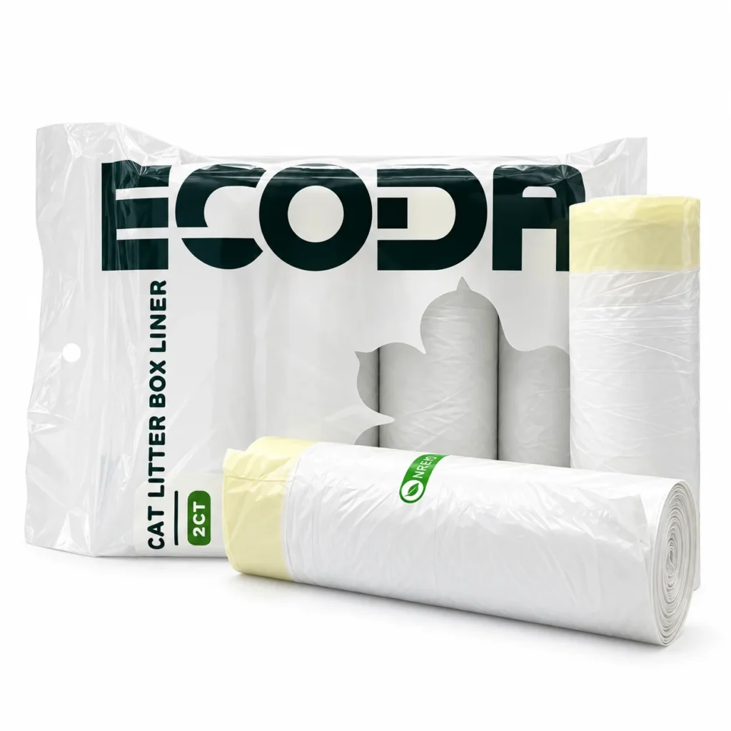 White automatic litter box waste drawer liner rolls with yellow drawstring openings and retail packaging