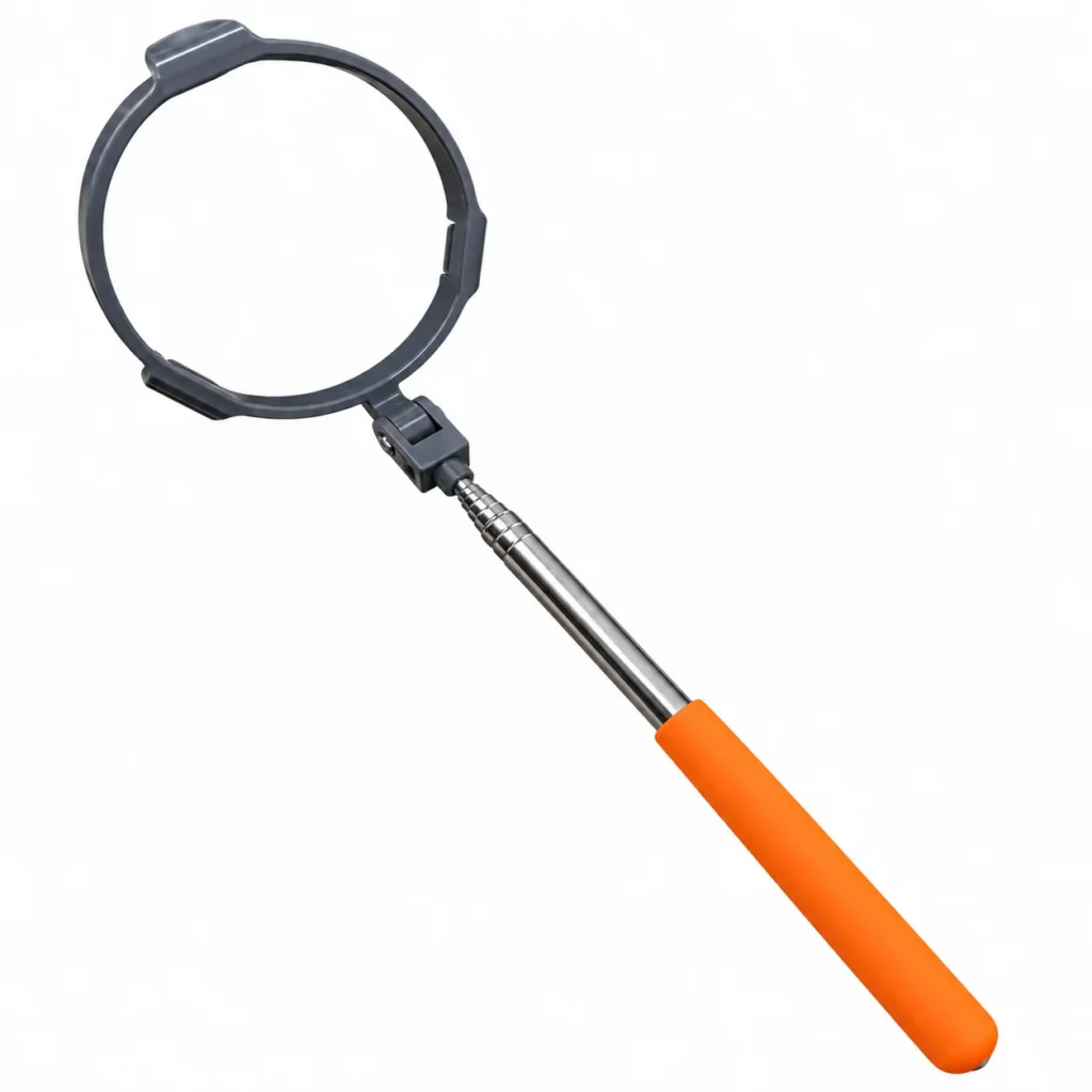 Dog poop catcher with a grey bag-holding ring and orange handle