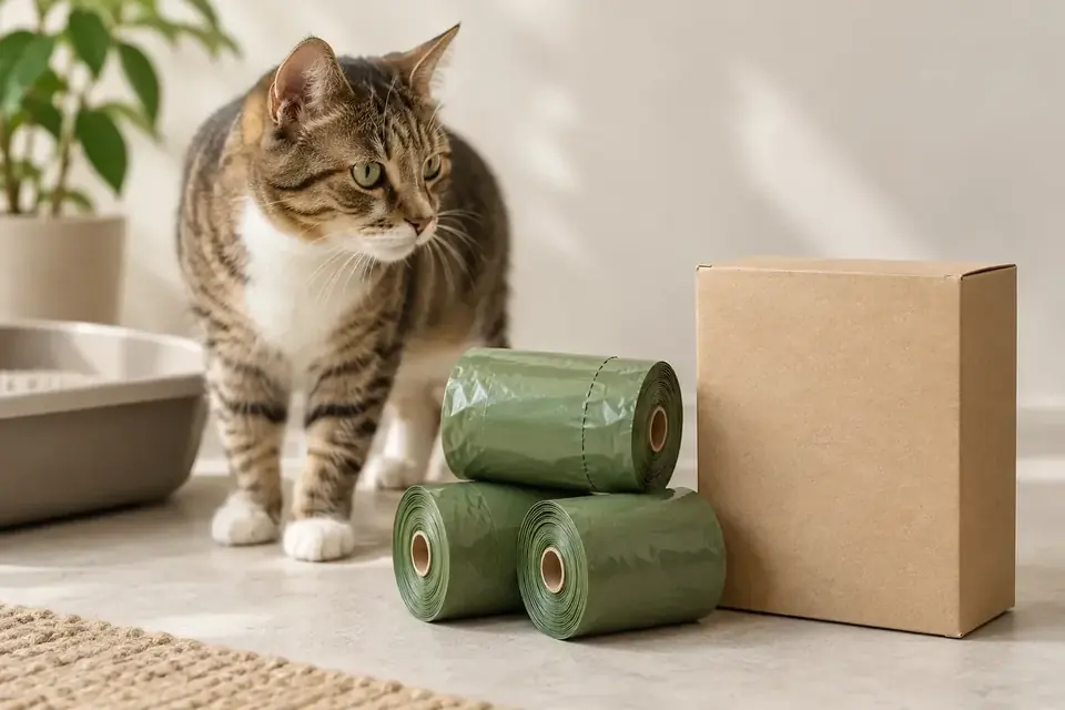 Three green litter box liner rolls beside a plain carton and a cat