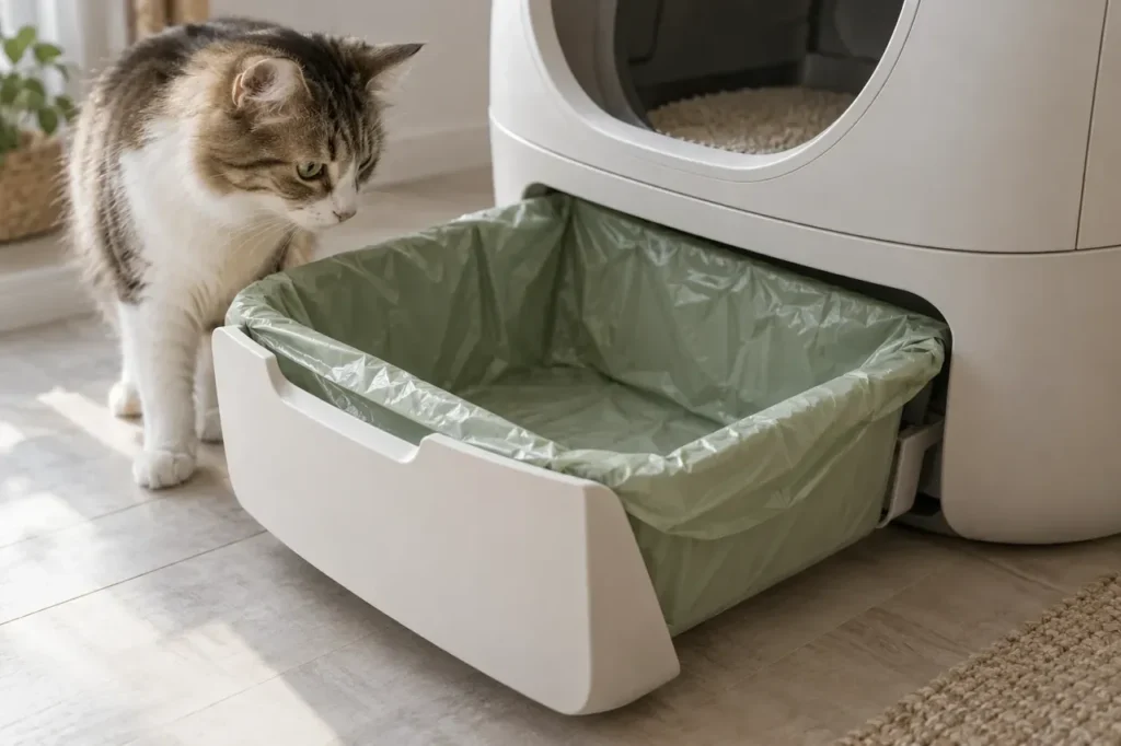 A green liner fitted inside an automatic litter box waste drawer