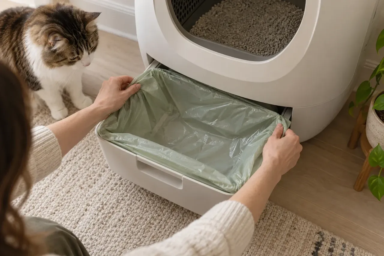 Hands settling a liner around a litter box waste drawer
