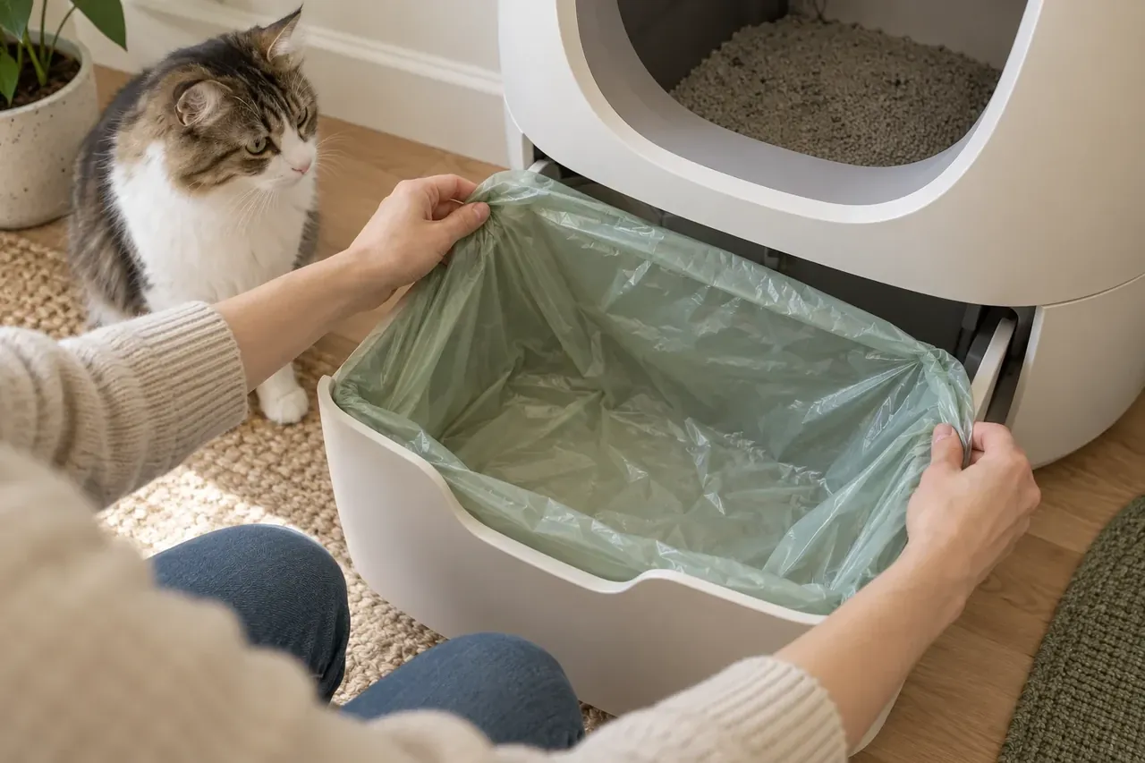 Hands fitting a green liner around an automatic litter box waste drawer