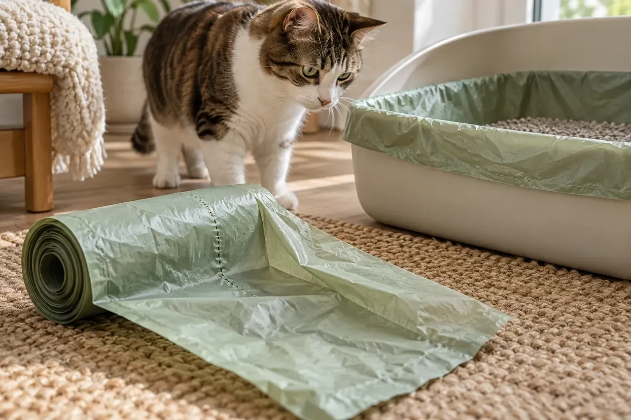 A green roll of litter box liners opened beside a litter box