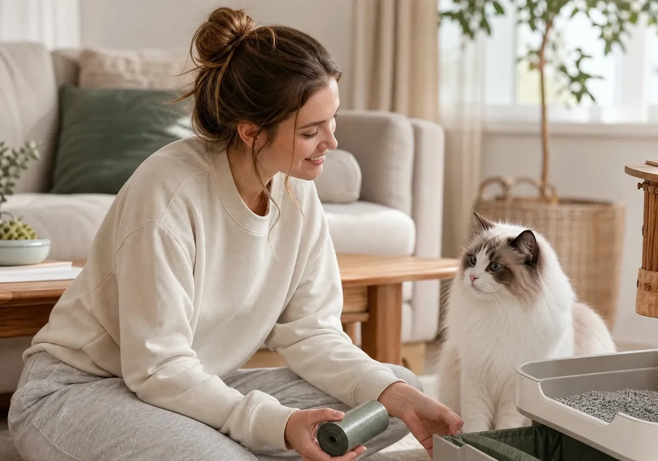 A pet owner changing a green litter box liner while her cat watches