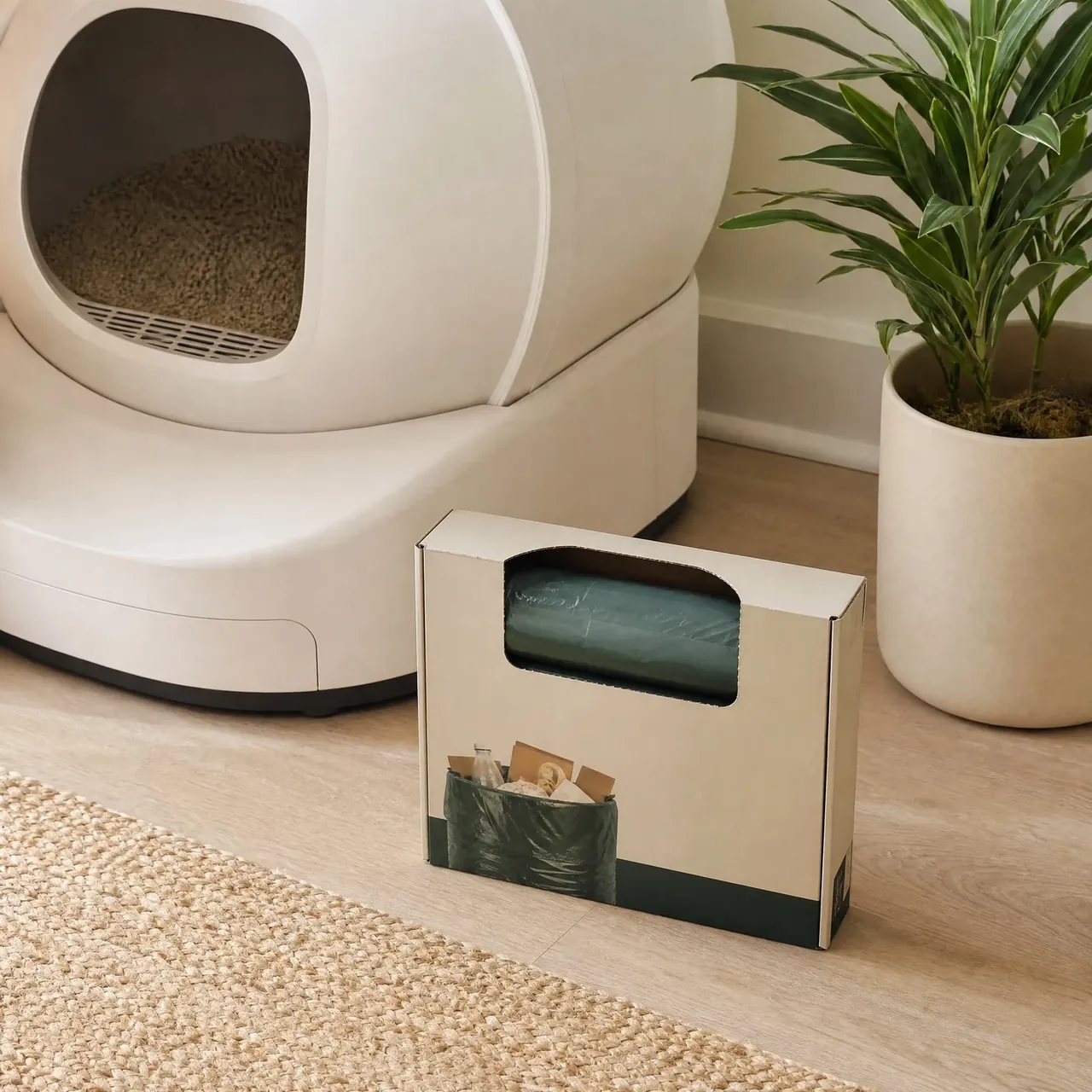 A roll of green litter box liners in an unbranded carton beside an automatic litter box