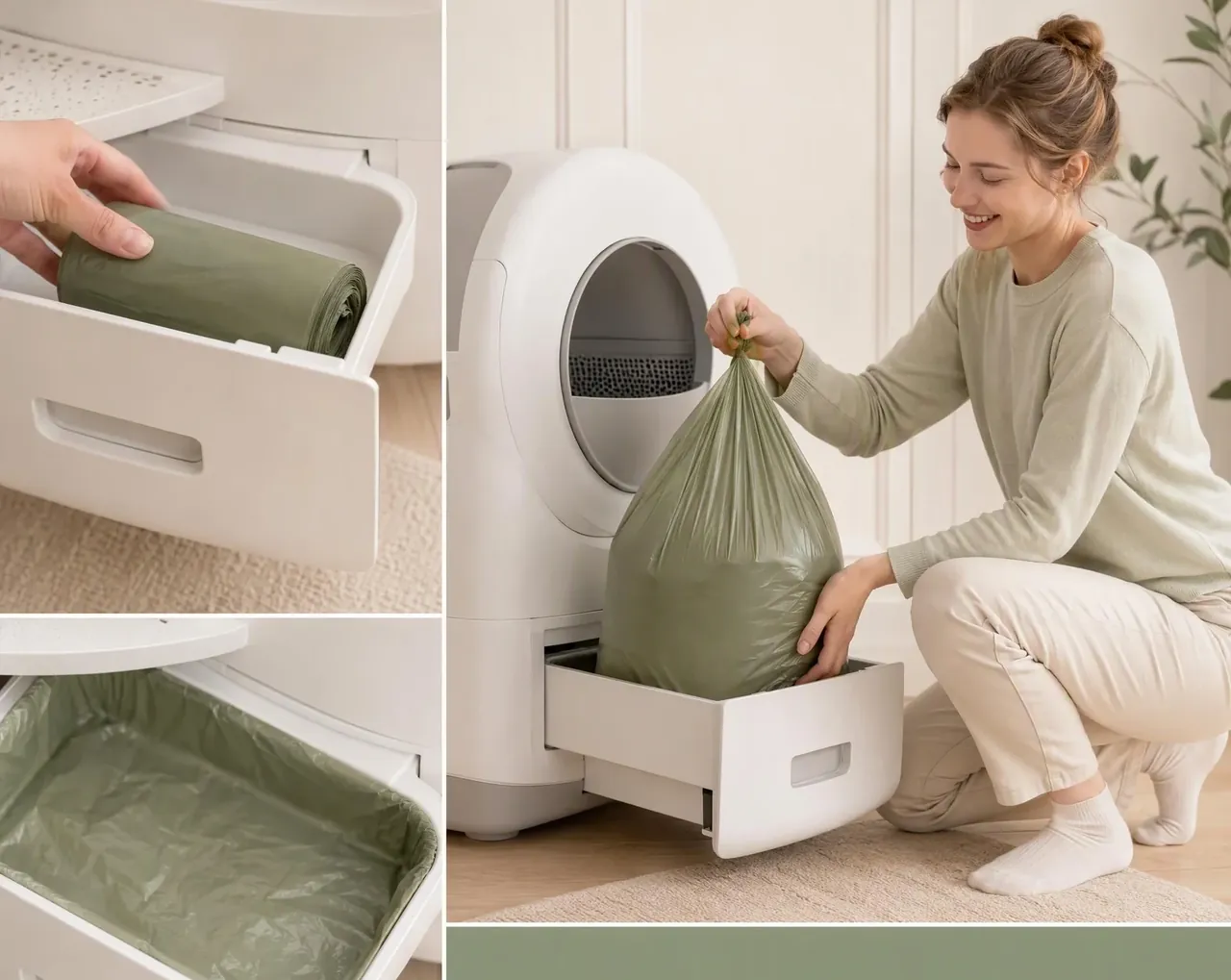 A green liner fitted inside and removed from an automatic litter box waste drawer