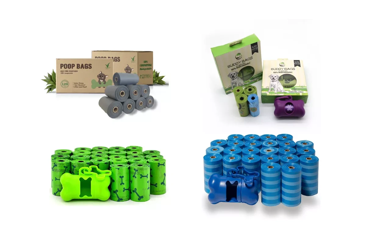 Archived pet waste bag packaging, coloured rolls and dispenser examples