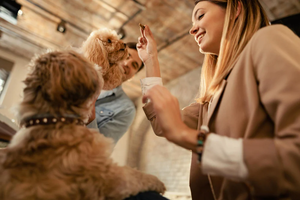 A woman spending time with a cat and dog at home