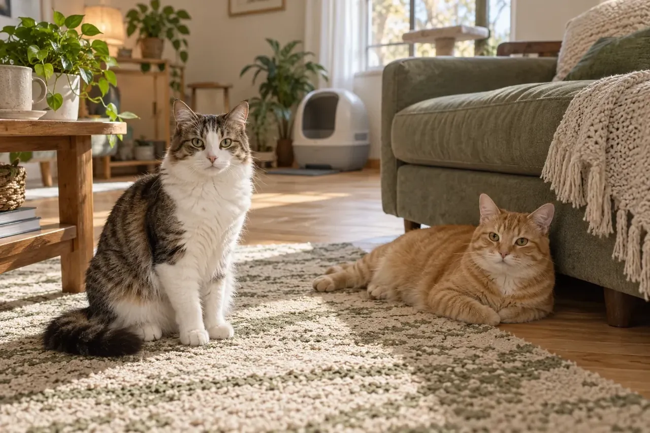 Two cats resting in a warm living room with an automatic litter box in the background